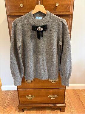 CeCe Gray Knit Sweater with Black Bow and Jewel Accent